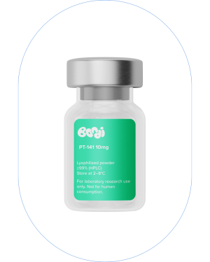 PT-141 10mg peptide vial with a warm, intimate-focused aesthetic.